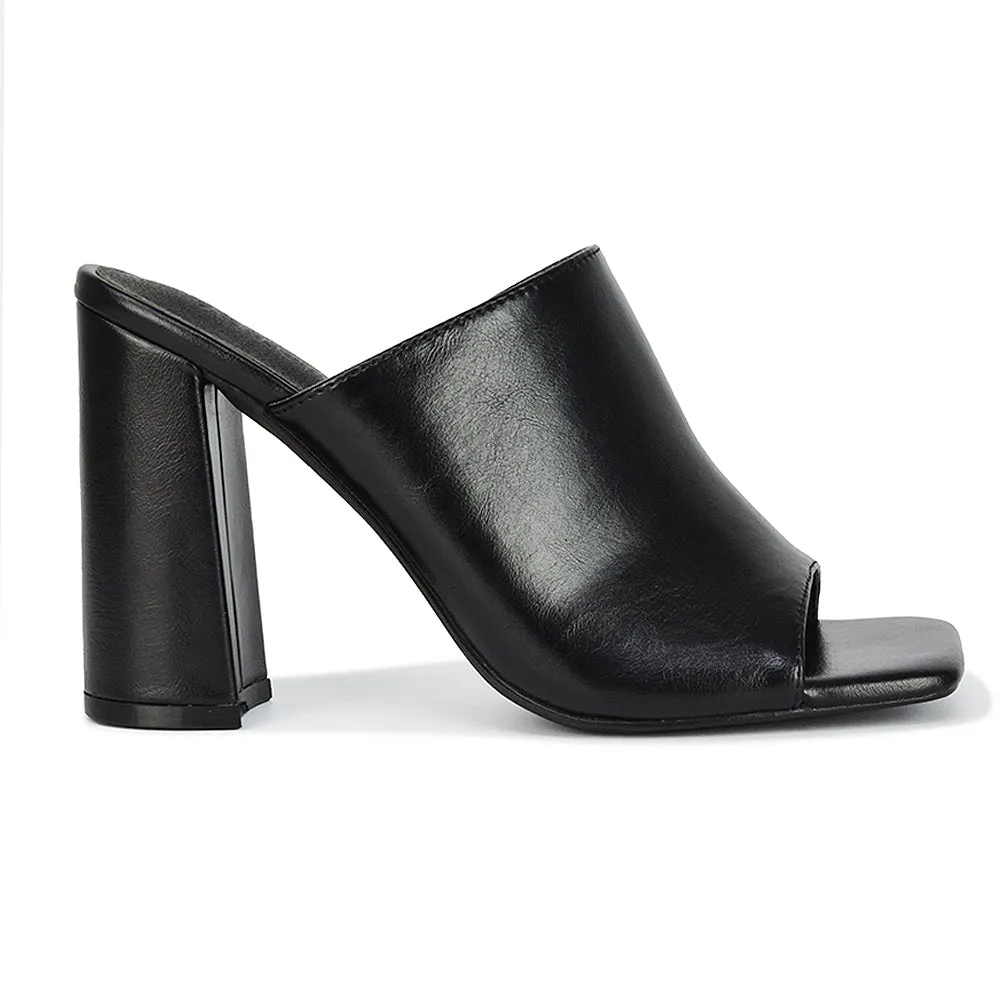 Sunday Square Toe Block High Heel Mule Peep Toe Sandals in Black Synthetic Leather