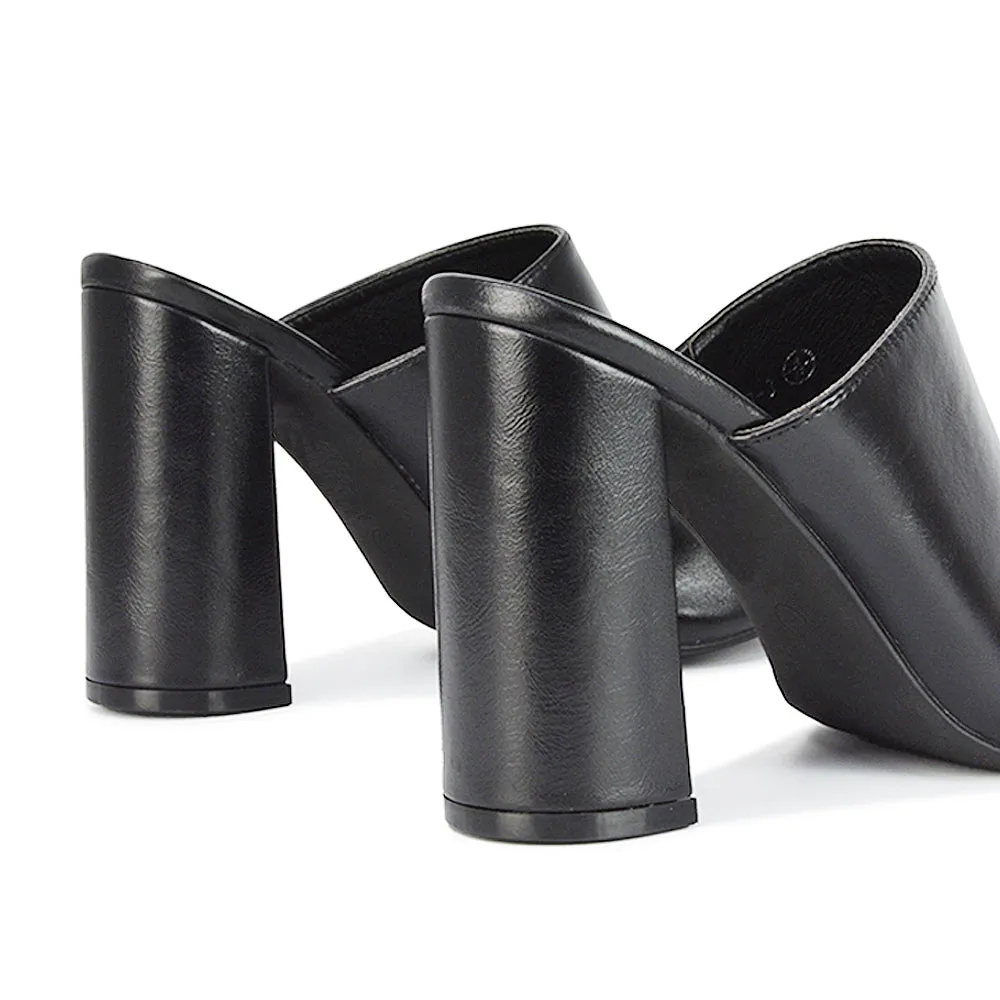 Sunday Square Toe Block High Heel Mule Peep Toe Sandals in Black Synthetic Leather