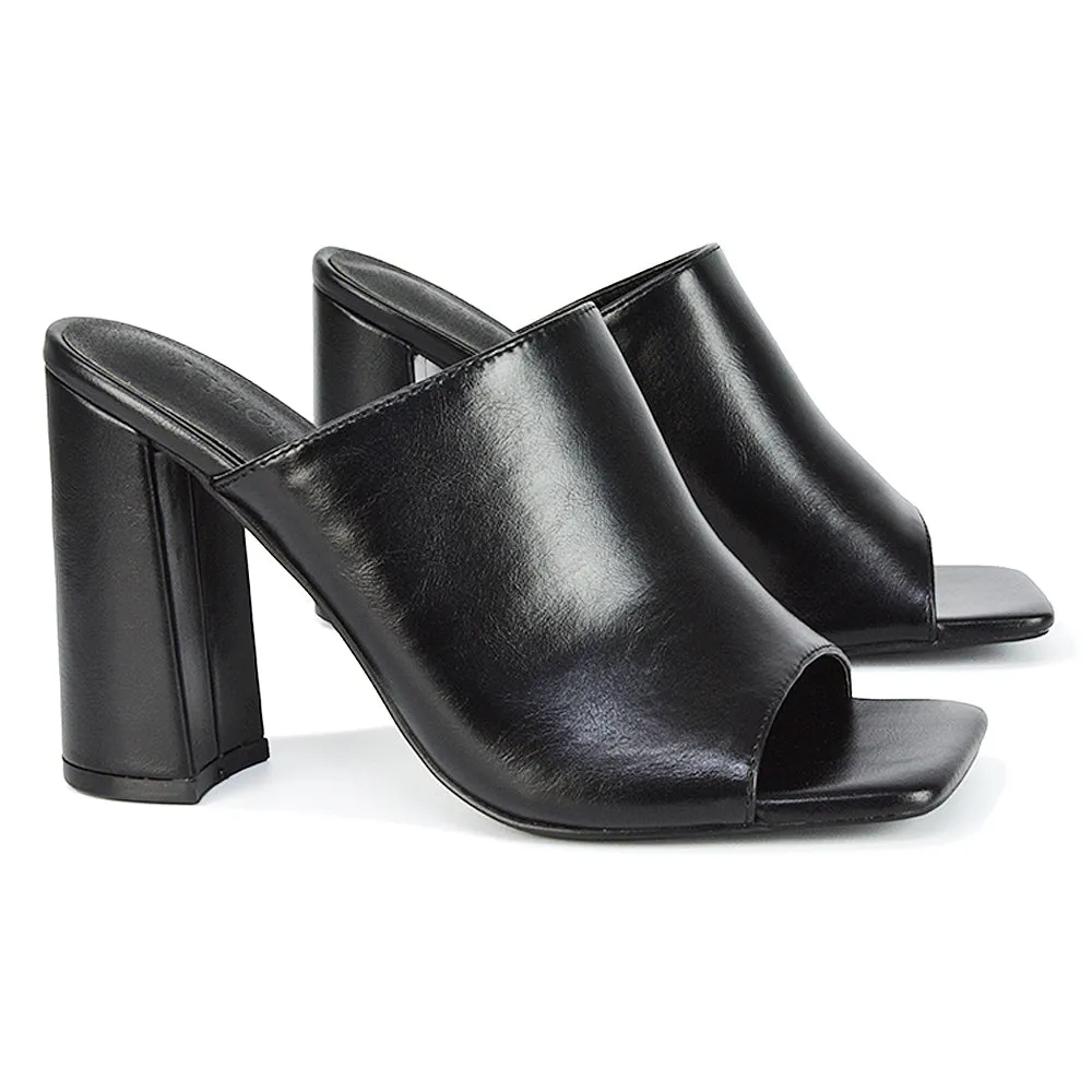 Sunday Square Toe Block High Heel Mule Peep Toe Sandals in Black Synthetic Leather