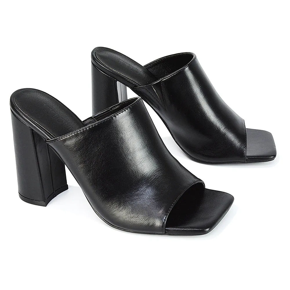 Sunday Square Toe Block High Heel Mule Peep Toe Sandals in Black Synthetic Leather