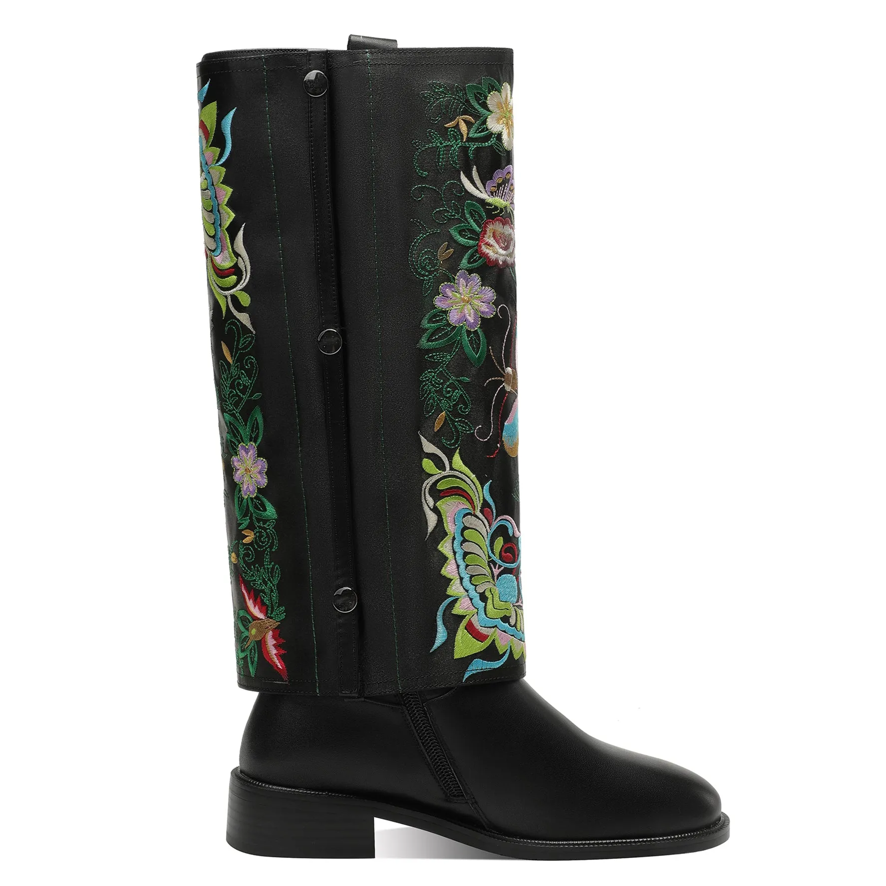 TinaCus Handmade Women's Genuine Leather Detachable Two Styles Zip Up Embroidery Bird Flowers Knee High Boots