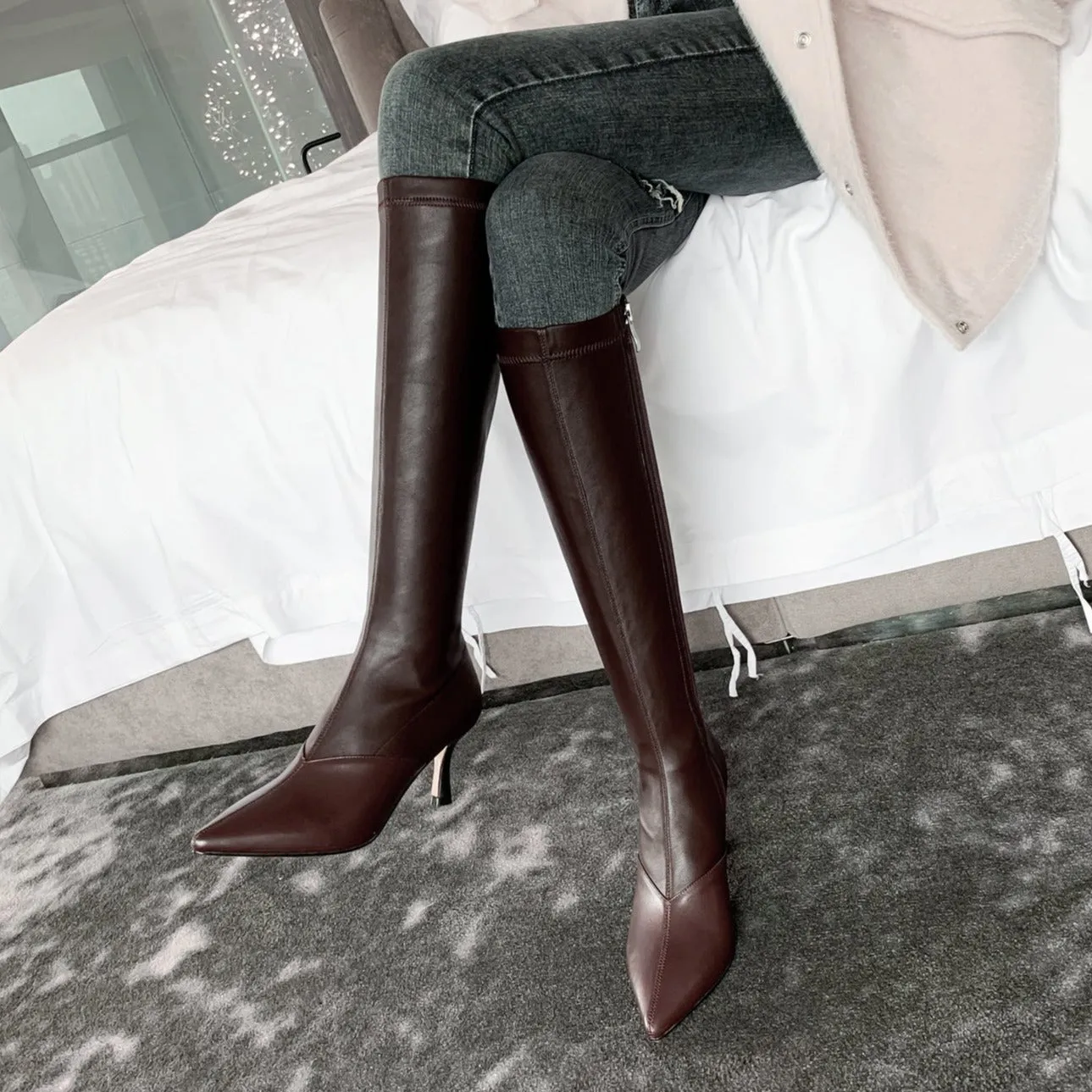 TinaCus Women's Handmade Genuine Leather with Elastic Fabric Pointed Toe Side Zip Mid Heel Stylish Knee High Boots