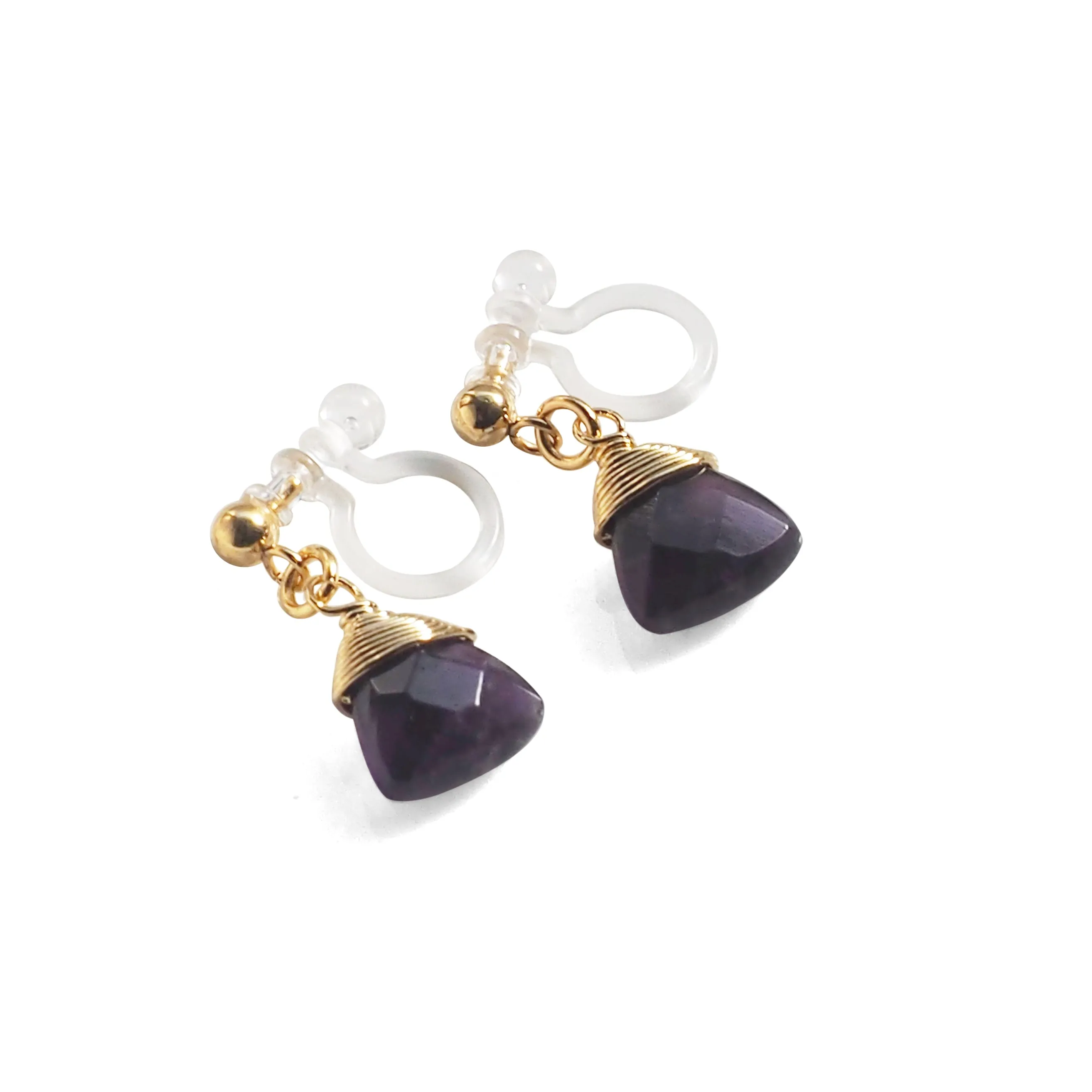 Triangle Purple Amethyst Invisible Clip On Earrings (Gold tone)