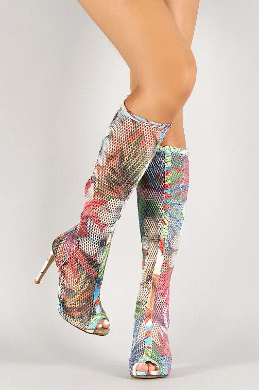 Tropical Floral Mesh Peep Toe Stiletto Boot