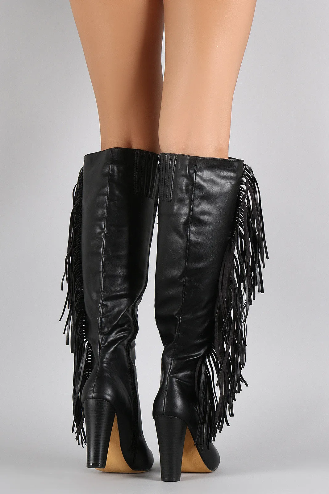 Vegan Leather Falling Fringe Chunky Heel Boots