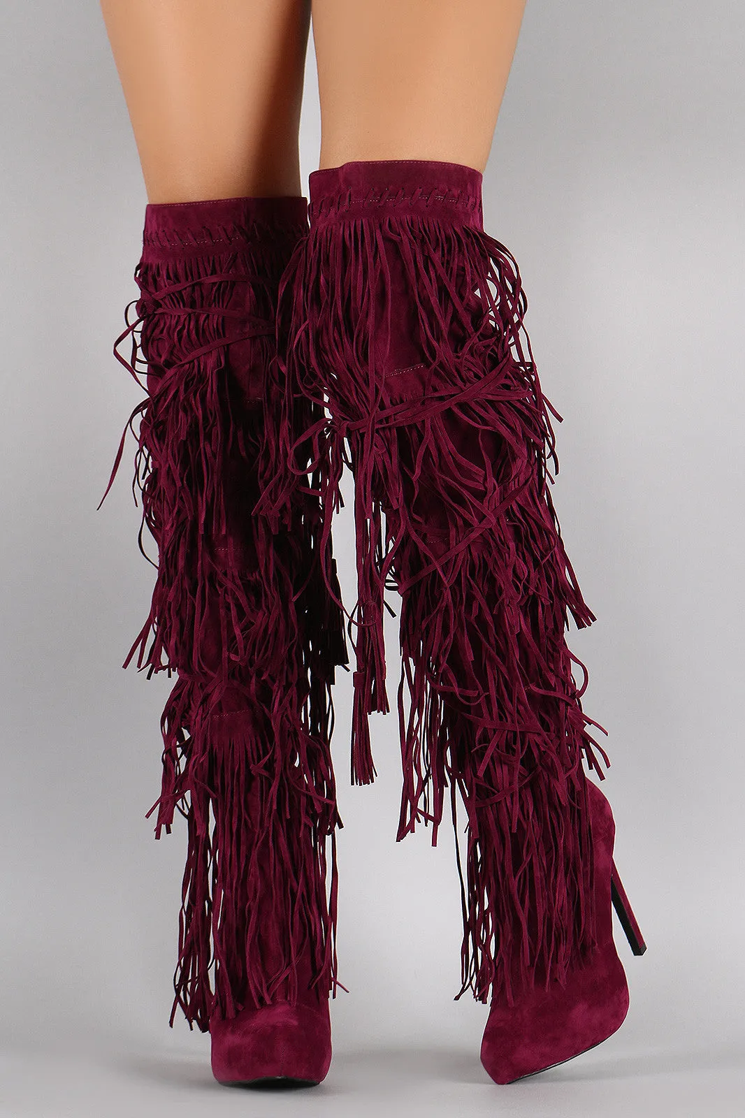 Velvet Layered Fringe Pointy Toe Over-The-Knee Stiletto Boots