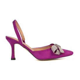 Victoria Diamante Bow Stiletto Slingback High Heel Shoes in Purple Faux Suede