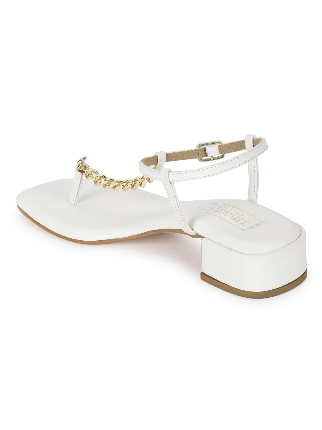 White PU Low Block Heel Sandals With Gold Chain (TP28051-WHT)