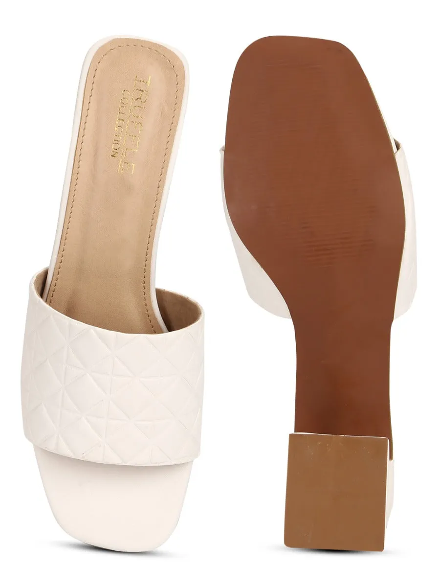 White PU Textured Block Heel Mules