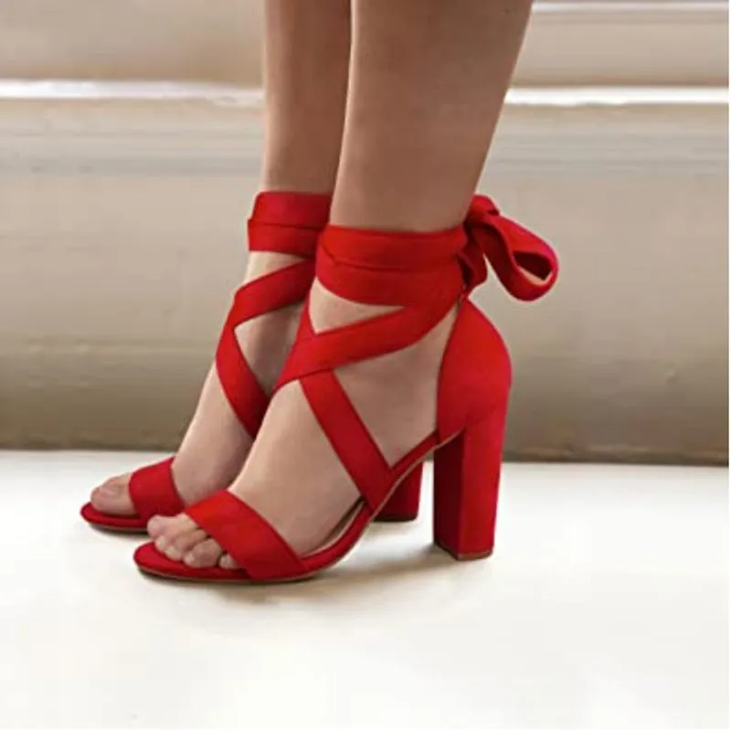 Women chunky heel open toe criss cross strappy lace up heels