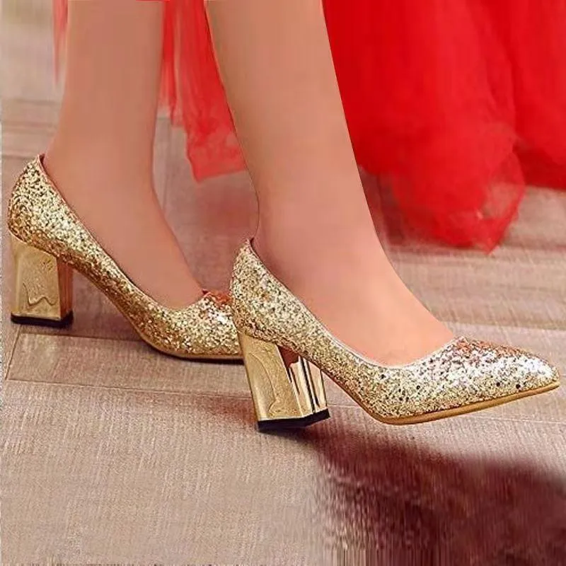 Women glitter sequin chunky heel pointed toe wedding heels