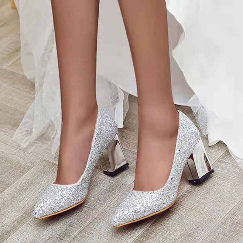 Women glitter sequin chunky heel pointed toe wedding heels