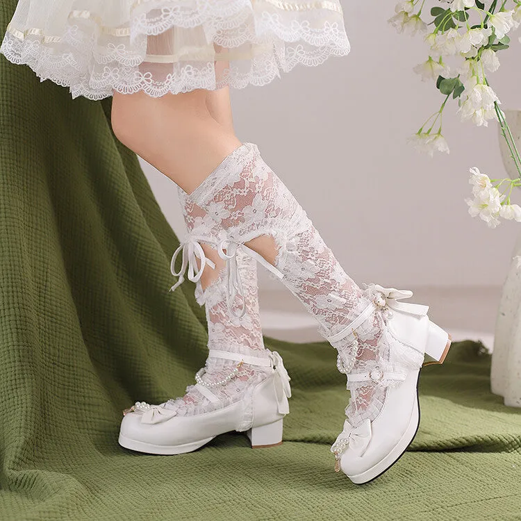 Women Lolita Lace Pearls Bow Tie Ankle Strap Block Heel Pumps