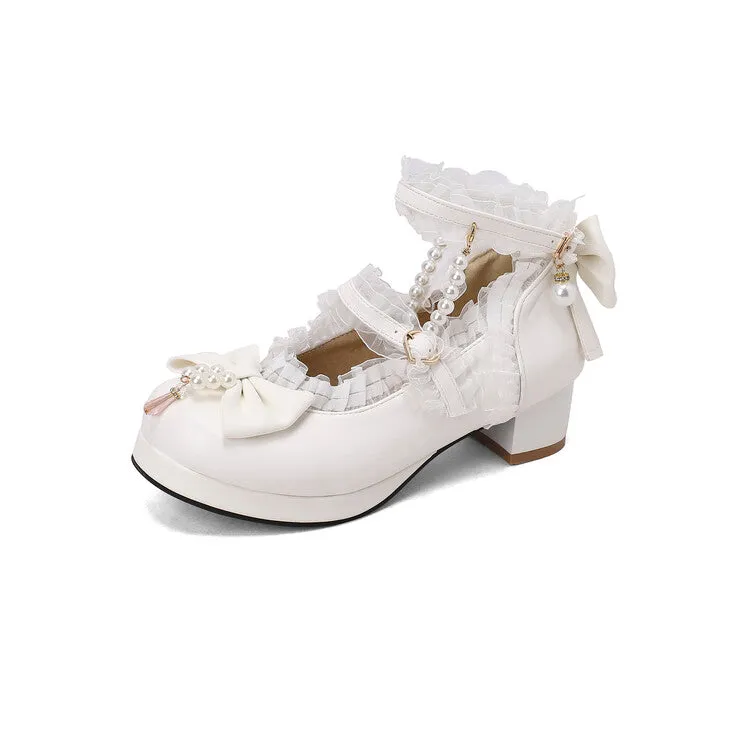 Women Lolita Lace Pearls Bow Tie Ankle Strap Block Heel Pumps