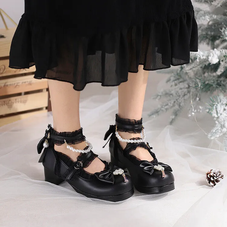 Women Lolita Lace Pearls Bow Tie Ankle Strap Block Heel Pumps