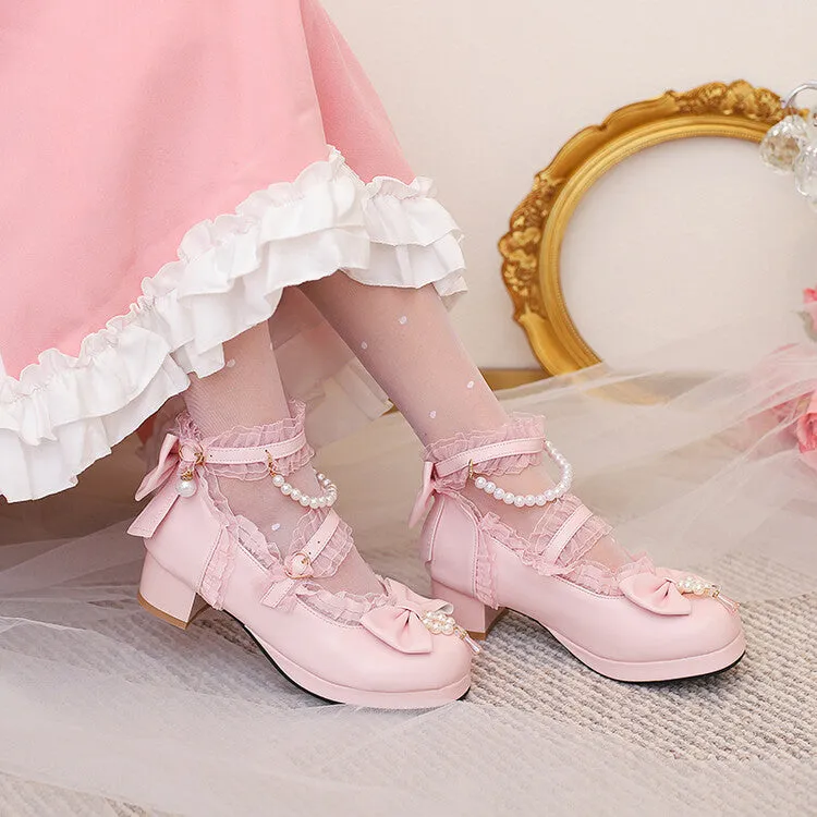 Women Lolita Lace Pearls Bow Tie Ankle Strap Block Heel Pumps