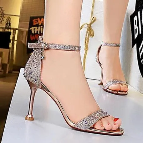 Women open toe rhinestone stiletto  heels | Glitter sparkly high heels ankle strap sandals | Party heels sandals