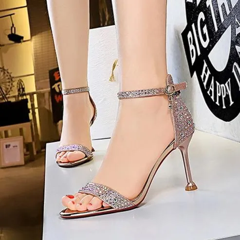 Women open toe rhinestone stiletto  heels | Glitter sparkly high heels ankle strap sandals | Party heels sandals