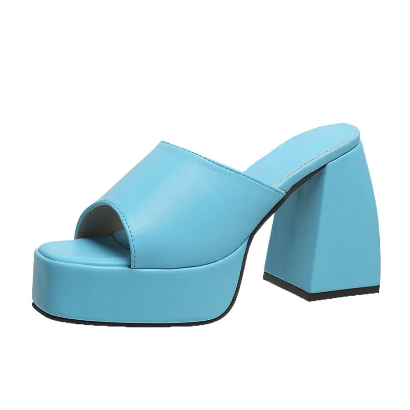 Women solid color square peep toe chunky slide platform heels