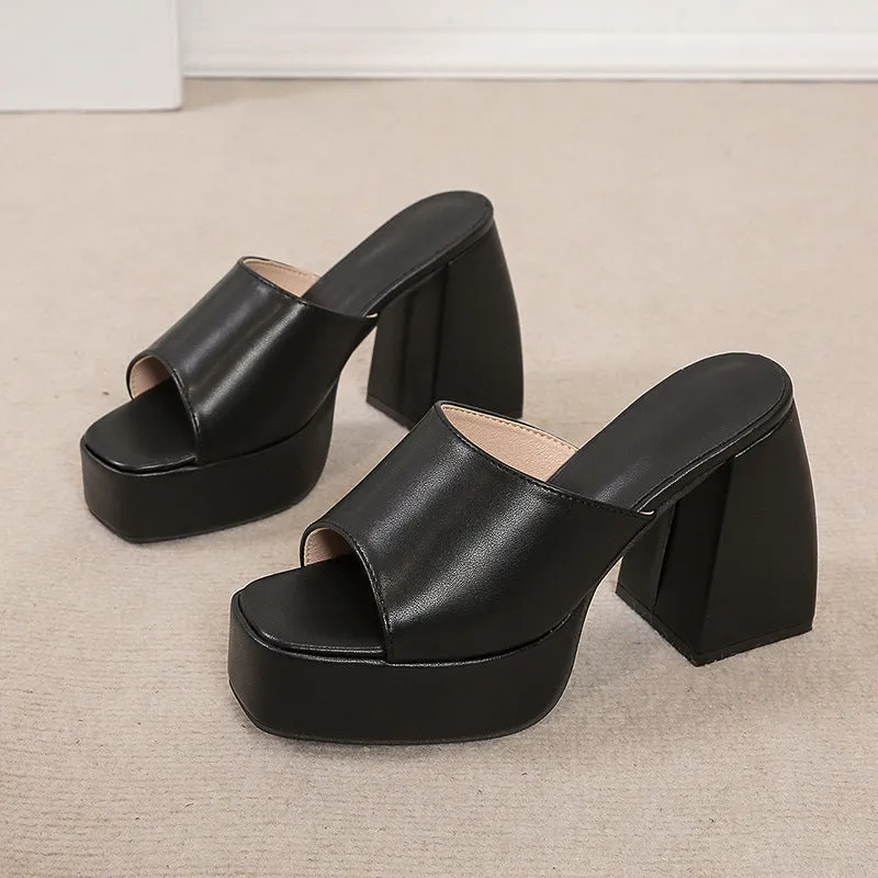 Women solid color square peep toe chunky slide platform heels