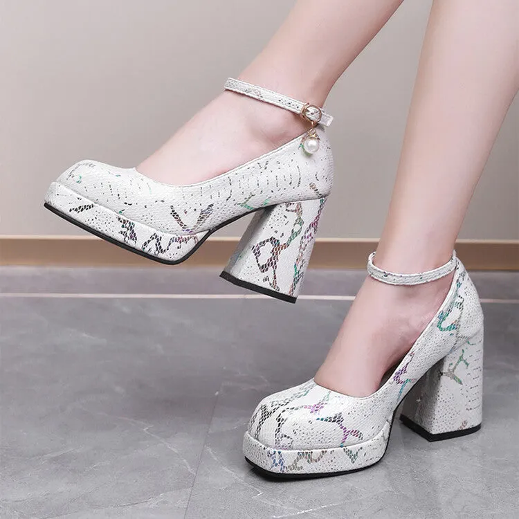 Women Square Toe Mary Janes Ankle Strap Chunky Heel Platform Pumps