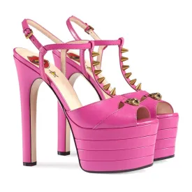 Women t strap studded stiletto peep toe slingback platform heels