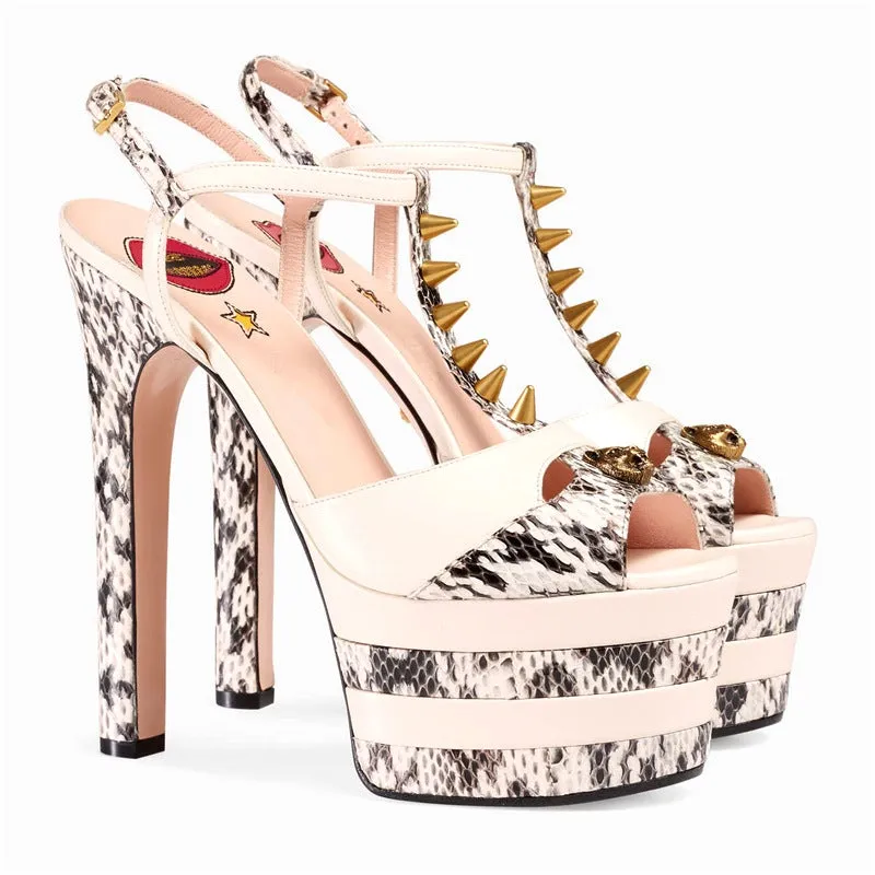 Women t strap studded stiletto peep toe slingback platform heels