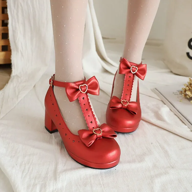 Women's Carved Bow Tie T Strap Block Heel Platform Pumps