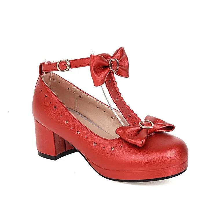 Women's Carved Bow Tie T Strap Block Heel Platform Pumps