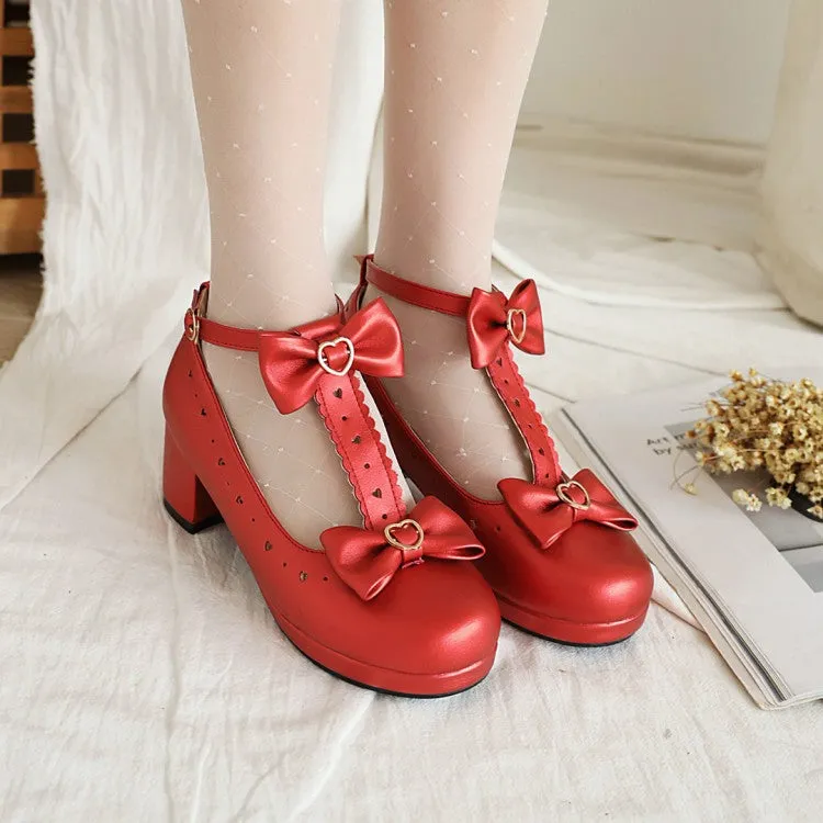 Women's Carved Bow Tie T Strap Block Heel Platform Pumps