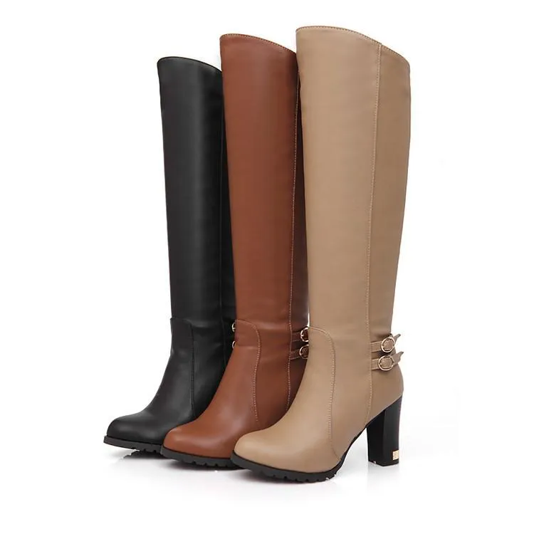 Women's chunky high heeled knee high boots elegant buckle strap zipper boots