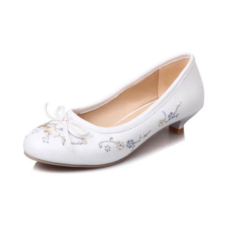 Women's Embroidered Knot Chunky Heels Pumps