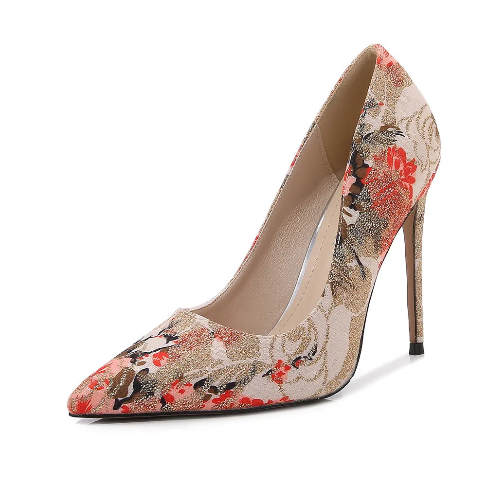 Women's Embroidery Flora Pointed Toe Shallow Stiletto Heel Pumps