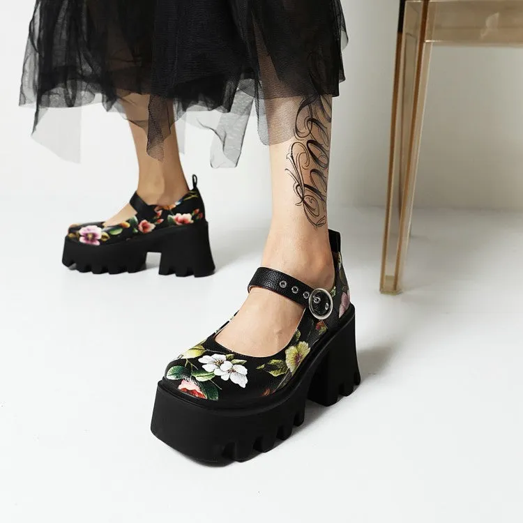 Women's Flower Printed Mary Jane Platform Block Heels Pumps