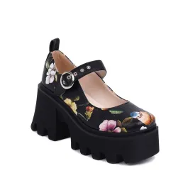 Women's Flower Printed Mary Jane Platform Block Heels Pumps