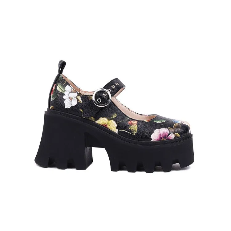 Women's Flower Printed Mary Jane Platform Block Heels Pumps