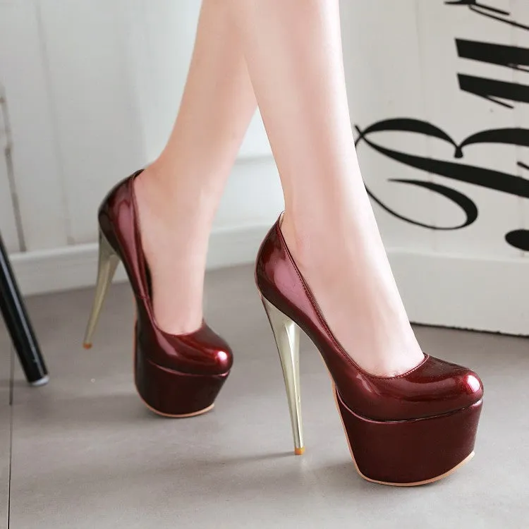 Women's  Glossy Almond Toe Stiletto Heel Platform Pumps