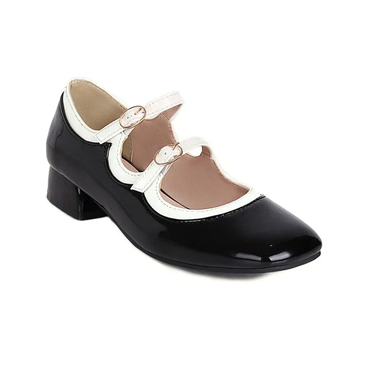 Women's Jelly Glossy Buckles Belts Puppy Heel Chunky Heels Pumps Shoes