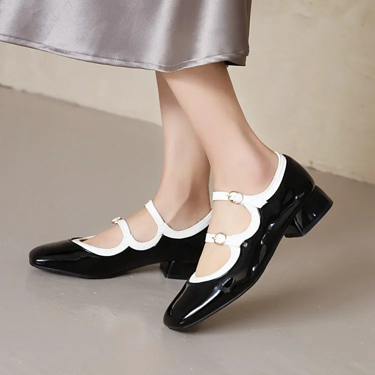 Women's Jelly Glossy Buckles Belts Puppy Heel Chunky Heels Pumps Shoes