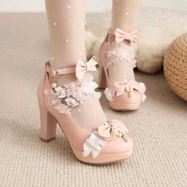 Women's Lolita Almond Toe Lace Bow Tie Pearls Chunky Heel Platform Pumps