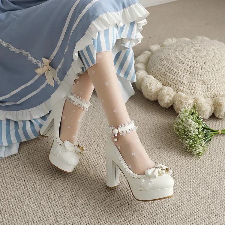 Women's Lolita Lace Pearls Bow Tie Chunky Heel Platform Pumps