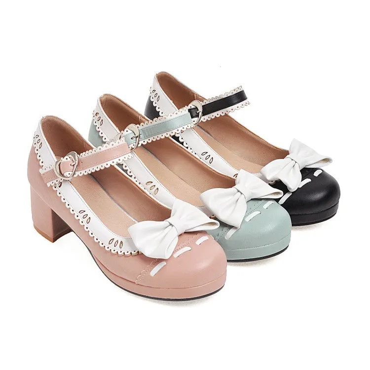 Women's Mary Janes Bow Tie Block Heel Pumps