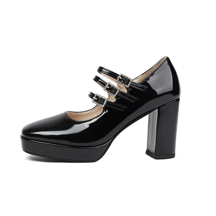 Women's Metal Glossy Square Toe Platform Pumps Square Heel Mary Janes