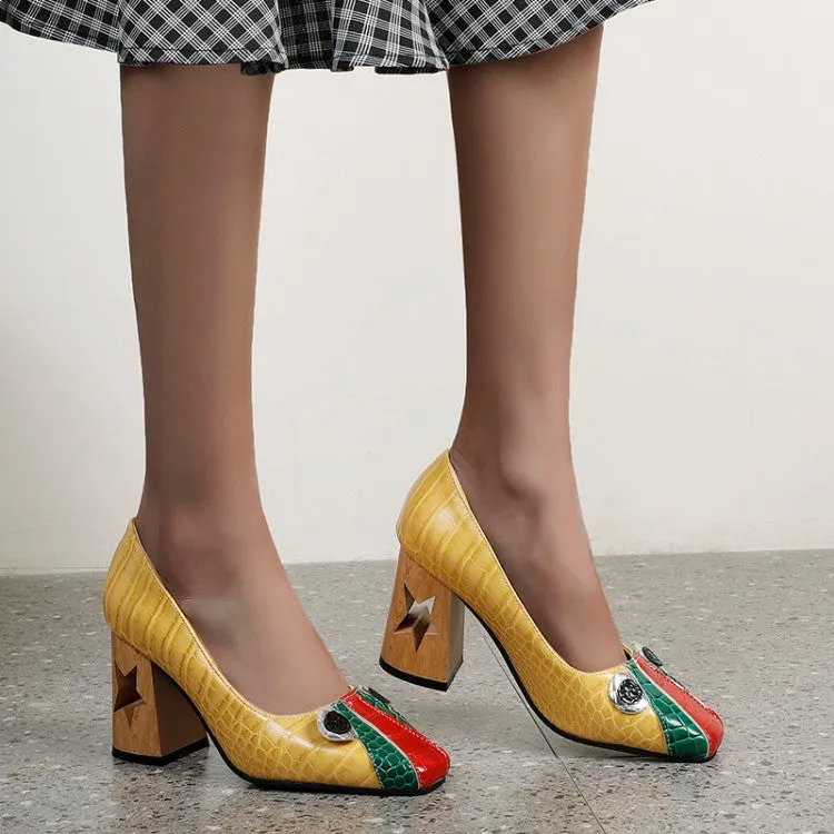 Women's Patchwork Shallow Cutout Block Chunky Heel Pumps