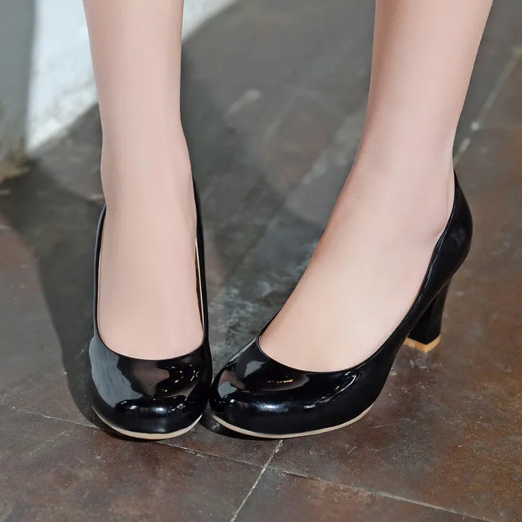 Women's Patent Leather Block Heels Pumps