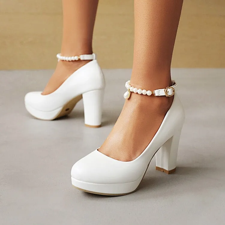 Women's Pearls Ankle Strap Shallow Block Heel Platform Pumps