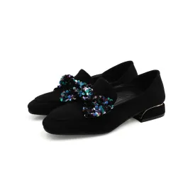 Women's Pumps Suede Sequins Butterfly Knot Puppy Heel Shoes