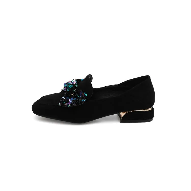 Women's Pumps Suede Sequins Butterfly Knot Puppy Heel Shoes