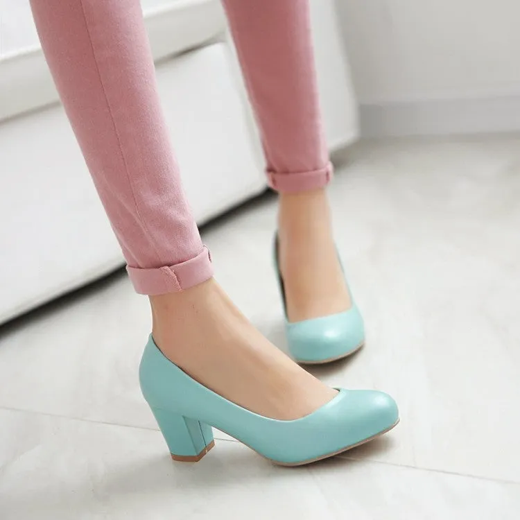 Women's Round Toe High Heels Chunky Pumps