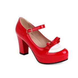 Women's Shallow Bicolor Block Heel Mary Janes Platform Pumps